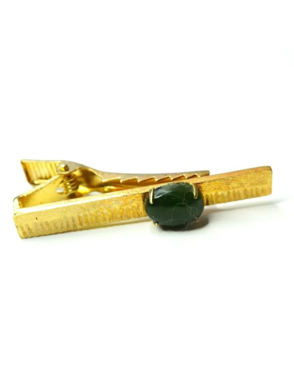 Vintage Mid Century Gold Tone Green Cabochon Cufflinks Tie Bar Set